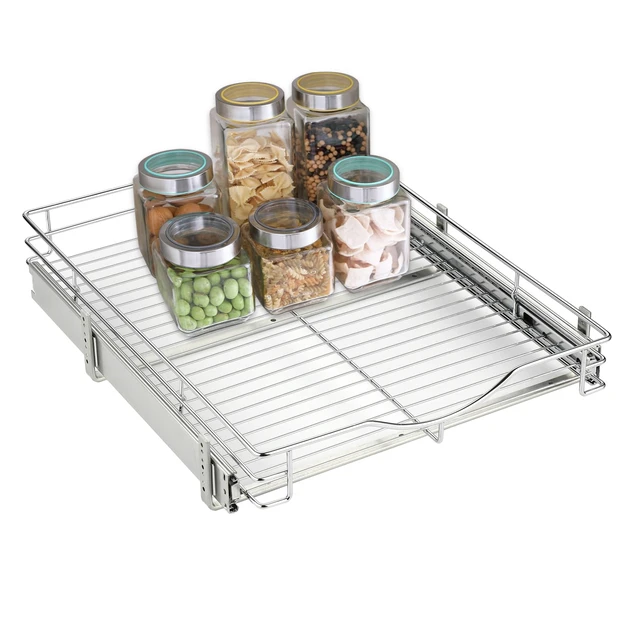 Alt view image 7 of 7 - Pull Out Cabinet Organizer, (17" W x 21" D) Heavy-Duty Metal Sliding Drawer Shelf, Bathroom Under Sink Kitchen Cabinets Organizer and Storage Slide Out Shelves, Chrome, 1 Tier, 2 Pack