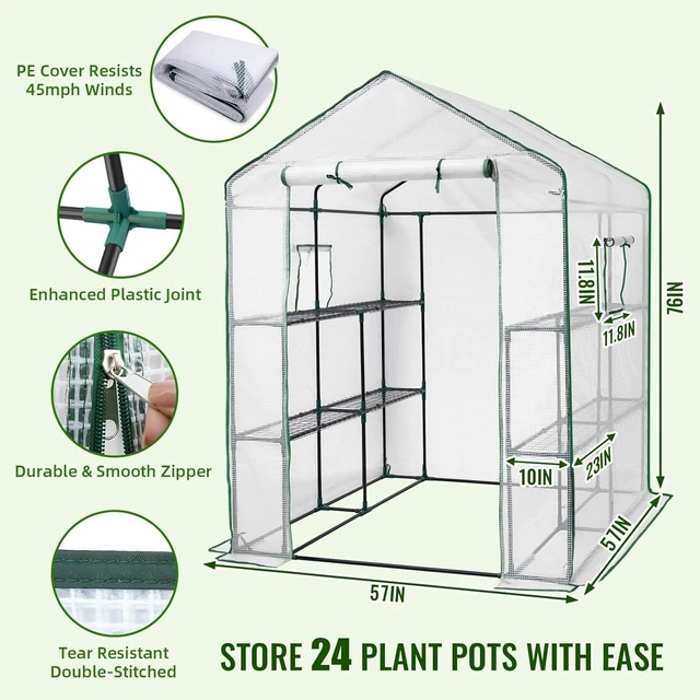 Alt view image 2 of 7 - Greenhouse, 57 × 57 × 76" Portable Green House for Outdoor Indoor | Walk in Plant Greenhouses for Backyard, Heavy-duty Frame, Thickened PE Cover, Screen Windows, 3 Tiers 8 Shelves, Shelf Clips