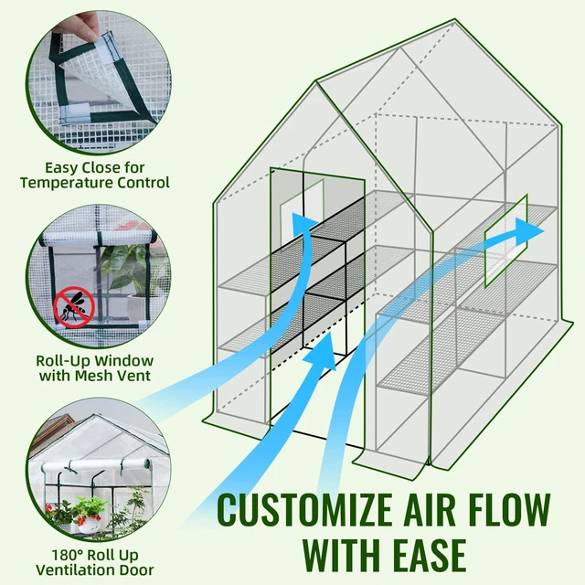 Alt view image 4 of 7 - Greenhouse, 57 × 57 × 76" Portable Green House for Outdoor Indoor | Walk in Plant Greenhouses for Backyard, Heavy-duty Frame, Thickened PE Cover, Screen Windows, 3 Tiers 8 Shelves, Shelf Clips