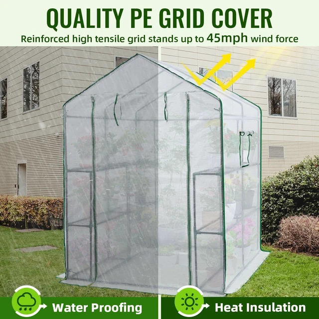 Alt view image 5 of 7 - Greenhouse, 57 × 57 × 76" Portable Green House for Outdoor Indoor | Walk in Plant Greenhouses for Backyard, Heavy-duty Frame, Thickened PE Cover, Screen Windows, 3 Tiers 8 Shelves, Shelf Clips