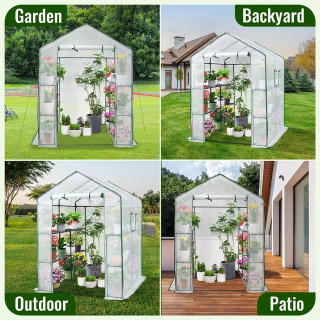Alt view image 7 of 7 - Greenhouse, 57 × 57 × 76" Portable Green House for Outdoor Indoor | Walk in Plant Greenhouses for Backyard, Heavy-duty Frame, Thickened PE Cover, Screen Windows, 3 Tiers 8 Shelves, Shelf Clips