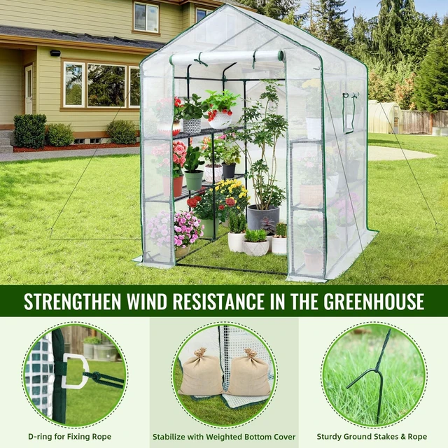 Alt view image 6 of 7 - Greenhouse, 57 × 57 × 76" Portable Green House for Outdoor Indoor | Walk in Plant Greenhouses for Backyard, Heavy-duty Frame, Thickened PE Cover, Screen Windows, 3 Tiers 8 Shelves, Shelf Clips