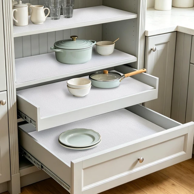 Alt view image 6 of 7 - Shelf Liner for Kitchen Cabinets and Drawers, 24" x 360" White | Non-Adhesive Design, Waterproof & Non-Slip Protection, Easy Cut to Fit, Washable and Reusable, Pantry Storage