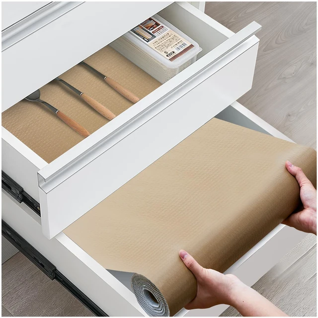Main image of Drawer and Shelf Liner for Kitchen Cabinets, Beige, 24IN X 30FT | Non-Adhesive, Decorative, Easy to Cut, Non-Slip, Waterproof, Surface Protection, Cupboard, Bathroom, Closets