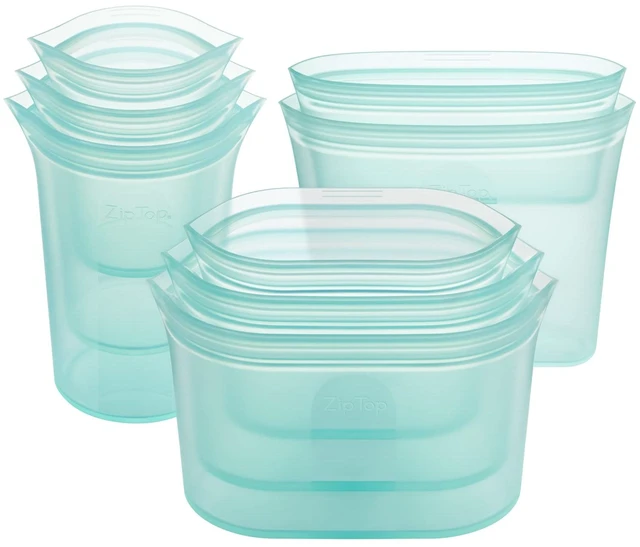 Main image of Reusable Food Storage Containers Full Set of 8 Teal Platinum Silicone Cups, Dishes & Bags Microwave, Dishwasher & Freezer Safe Made in USA, BPA-Free