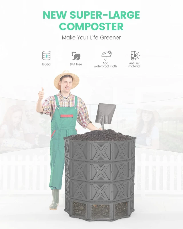 Alt view image 2 of 7 - 190 Gallon Large Outdoor Compost Bin, 720L Garden Composter with Aeration Vents, BPA-Free PP Panels, Modular Structure with Bottom Access Door and Lid