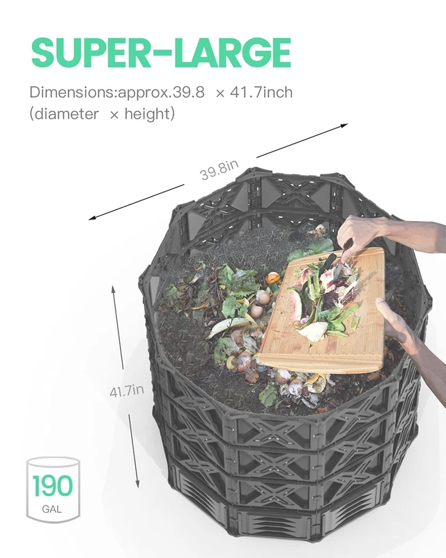 Alt view image 5 of 7 - 190 Gallon Large Outdoor Compost Bin, 720L Garden Composter with Aeration Vents, BPA-Free PP Panels, Modular Structure with Bottom Access Door and Lid