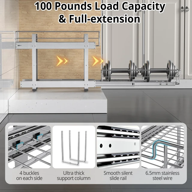 Alt view image 3 of 7 - Pull Out Cabinet Organizer,17¾'' Slide Out Kitchen Organizers and Storage | Heavy Duty Drawer Cupboard Storage Basket, Smooth Sliding, Chrome Finish (2-Tiers-17¾''W×22D)