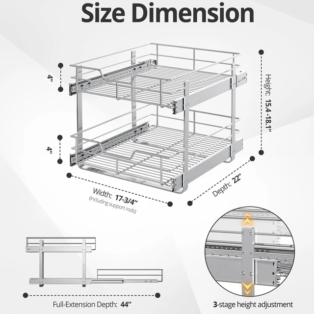 Alt view image 4 of 7 - Pull Out Cabinet Organizer,17¾'' Slide Out Kitchen Organizers and Storage | Heavy Duty Drawer Cupboard Storage Basket, Smooth Sliding, Chrome Finish (2-Tiers-17¾''W×22D)