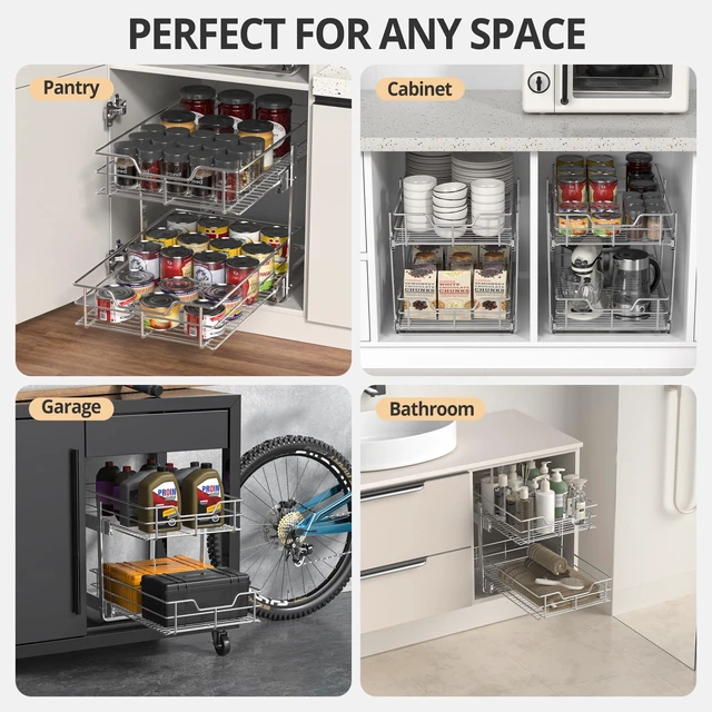 Alt view image 6 of 7 - Pull Out Cabinet Organizer,17¾'' Slide Out Kitchen Organizers and Storage | Heavy Duty Drawer Cupboard Storage Basket, Smooth Sliding, Chrome Finish (2-Tiers-17¾''W×22D)