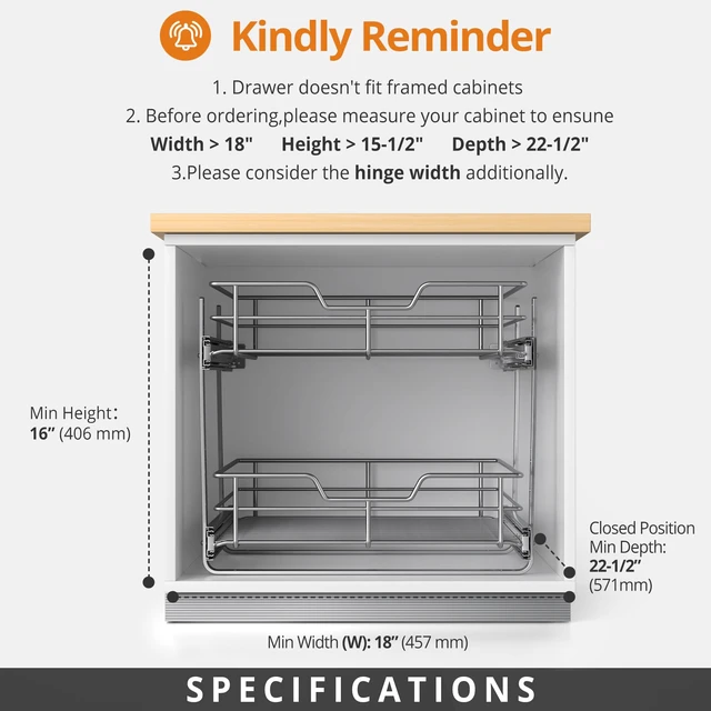 Alt view image 5 of 7 - Pull Out Cabinet Organizer,17¾'' Slide Out Kitchen Organizers and Storage | Heavy Duty Drawer Cupboard Storage Basket, Smooth Sliding, Chrome Finish (2-Tiers-17¾''W×22D)