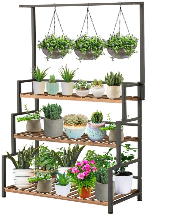 Main image of 3-Tier Plant Stand with Hanging Bar for Indoor Outdoor Patio, Carbonized Pine Wood and Metal Frame Display Shelf, 52 Inch Tall Vertical Plant Rack for Balcony Garden Living Room