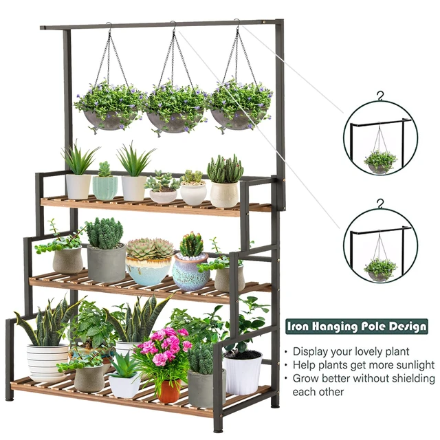 Alt view image 2 of 5 - 3-Tier Plant Stand with Hanging Bar for Indoor Outdoor Patio, Carbonized Pine Wood and Metal Frame Display Shelf, 52 Inch Tall Vertical Plant Rack for Balcony Garden Living Room