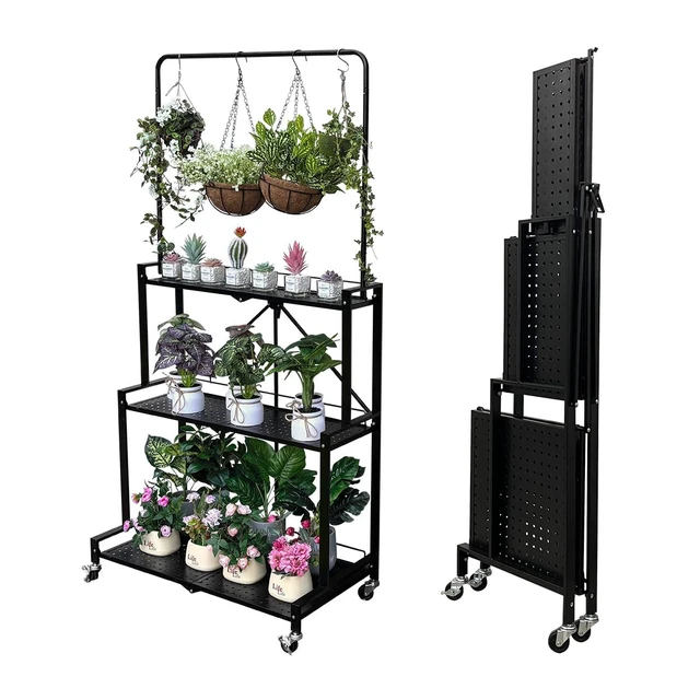 Main image of Foldable 4-Tier Plant Stand With Wheels Indoor Outdoor Black | Hanging Plant Shelf No Assembly Required Pot Placement Area Sturdy Fall Prevention Storage Shelf Flower Pot Stand