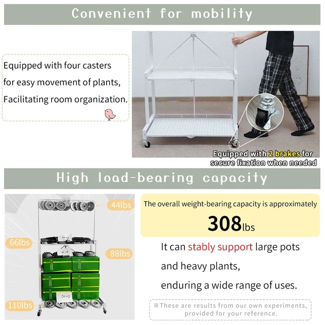 Alt view image 5 of 7 - Foldable 4-Tier Plant Stand With Wheels Indoor Outdoor Black | Hanging Plant Shelf No Assembly Required Pot Placement Area Sturdy Fall Prevention Storage Shelf Flower Pot Stand