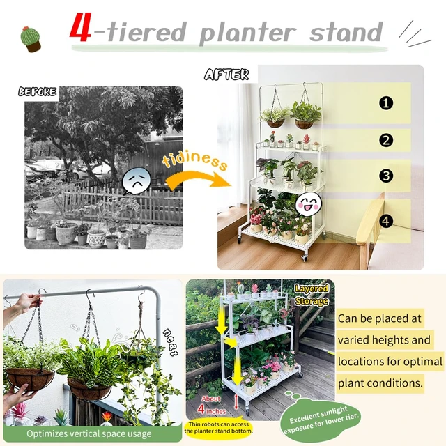 Alt view image 4 of 7 - Foldable 4-Tier Plant Stand With Wheels Indoor Outdoor Black | Hanging Plant Shelf No Assembly Required Pot Placement Area Sturdy Fall Prevention Storage Shelf Flower Pot Stand