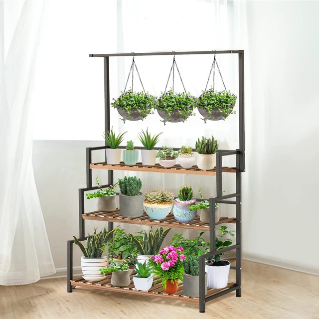 Alt view image 4 of 5 - 3-Tier Plant Stand with Hanging Bar for Indoor Outdoor Patio, Carbonized Pine Wood and Metal Frame Display Shelf, 52 Inch Tall Vertical Plant Rack for Balcony Garden Living Room