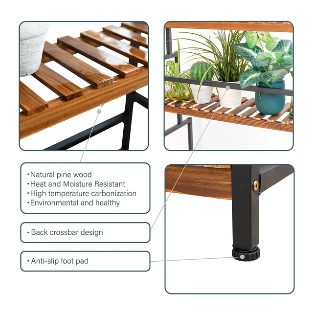 Alt view image 3 of 5 - 3-Tier Plant Stand with Hanging Bar for Indoor Outdoor Patio, Carbonized Pine Wood and Metal Frame Display Shelf, 52 Inch Tall Vertical Plant Rack for Balcony Garden Living Room