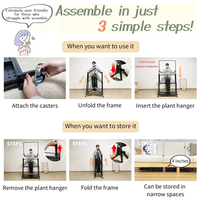 Alt view image 2 of 7 - Foldable 4-Tier Plant Stand With Wheels Indoor Outdoor Black | Hanging Plant Shelf No Assembly Required Pot Placement Area Sturdy Fall Prevention Storage Shelf Flower Pot Stand