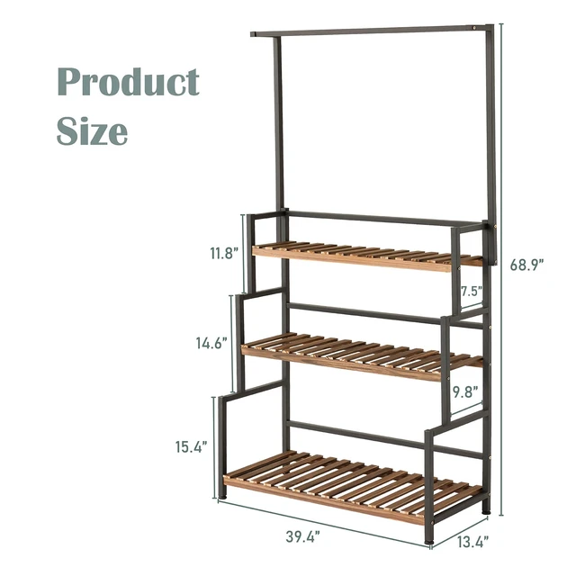 Alt view image 5 of 5 - 3-Tier Plant Stand with Hanging Bar for Indoor Outdoor Patio, Carbonized Pine Wood and Metal Frame Display Shelf, 52 Inch Tall Vertical Plant Rack for Balcony Garden Living Room