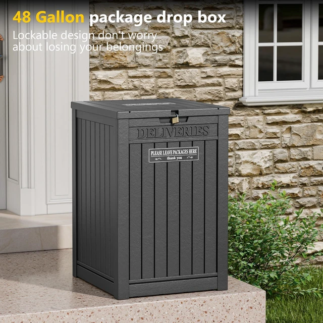 Alt view image 7 of 7 - Package Delivery Box for Outside, 48 Gallon Storage with Lockable Secure, Large Double Wall Resin Outdoor Package Delivery Waterproof Deck