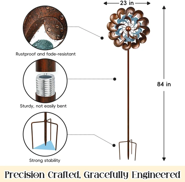 Alt view image 4 of 7 - Large Wind Spinners Outdoor - 84" H Kinetic Metal Garden Decor | Decorative Yard Garden Kinetic Wind Spinner with Stake, Spins Easily, Weather Resistant, Gift Idea for Birthday, Retro Copper