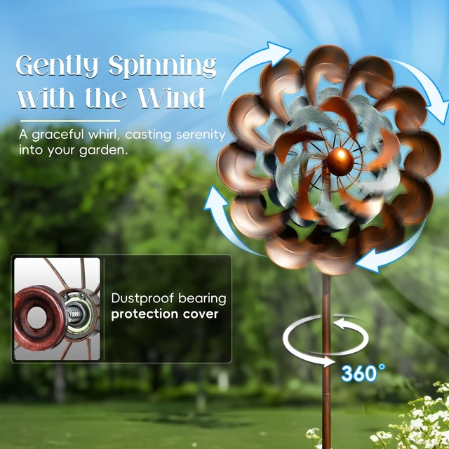 Alt view image 3 of 7 - Large Wind Spinners Outdoor - 84" H Kinetic Metal Garden Decor | Decorative Yard Garden Kinetic Wind Spinner with Stake, Spins Easily, Weather Resistant, Gift Idea for Birthday, Retro Copper