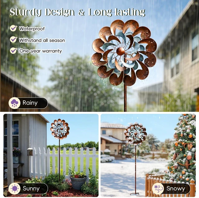 Alt view image 5 of 7 - Large Wind Spinners Outdoor - 84" H Kinetic Metal Garden Decor | Decorative Yard Garden Kinetic Wind Spinner with Stake, Spins Easily, Weather Resistant, Gift Idea for Birthday, Retro Copper