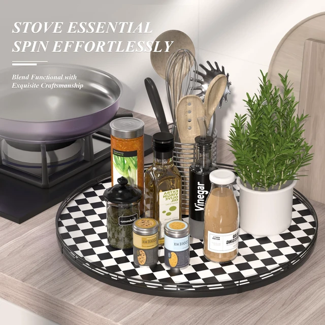 Alt view image 5 of 6 - 24-Inch Black and White Checkerboard Lazy Susan Decorative Tray | Smooth rotating oak tray with walnut finish for dining tables, kitchen counters, pantries and cabinet storage.