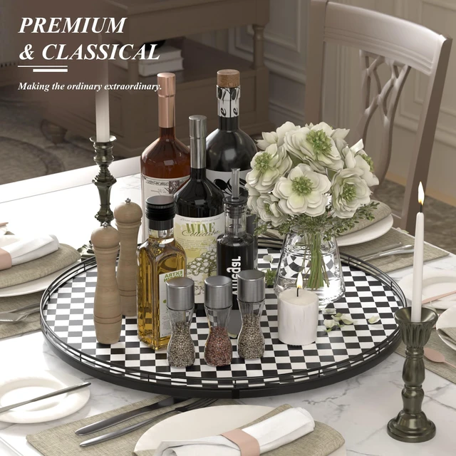 Alt view image 3 of 6 - 24-Inch Black and White Checkerboard Lazy Susan Decorative Tray | Smooth rotating oak tray with walnut finish for dining tables, kitchen counters, pantries and cabinet storage.