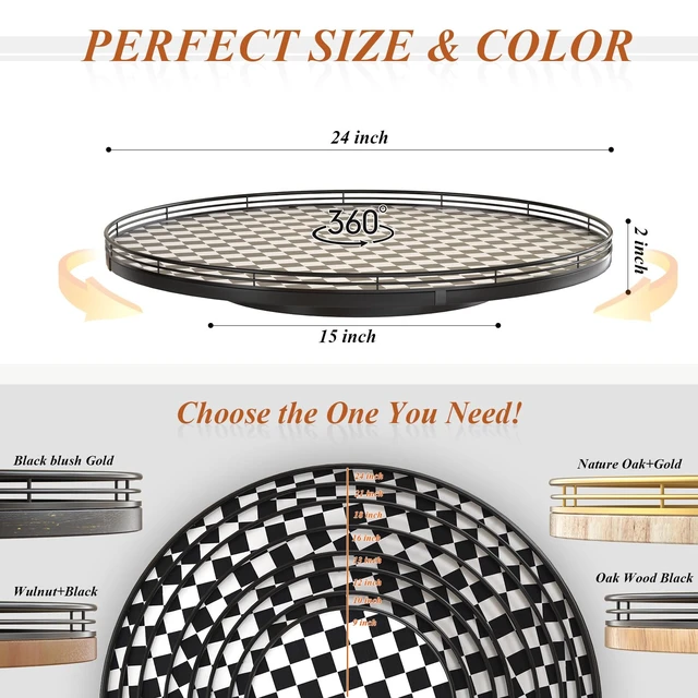 Alt view image 6 of 6 - 24-Inch Black and White Checkerboard Lazy Susan Decorative Tray | Smooth rotating oak tray with walnut finish for dining tables, kitchen counters, pantries and cabinet storage.