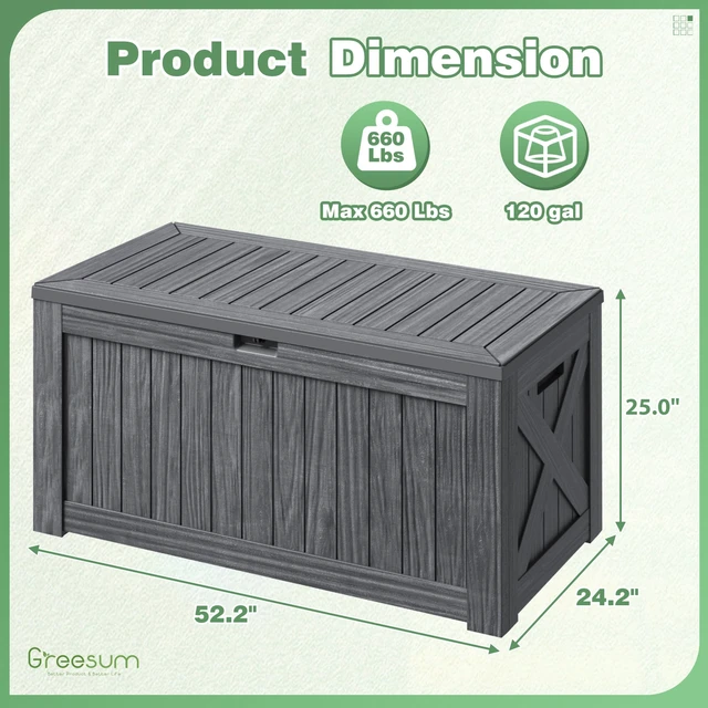 Alt view image 7 of 7 - Outdoor Storage Box 120 Gallon Storage Bin with Lid for Patio Furniture, Garden Tools, Pool Supplies, Lockable, Waterproof and UV Resistant, Gray