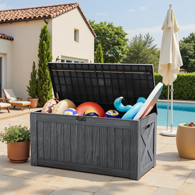 Alt view image 6 of 7 - Outdoor Storage Box 120 Gallon Storage Bin with Lid for Patio Furniture, Garden Tools, Pool Supplies, Lockable, Waterproof and UV Resistant, Gray
