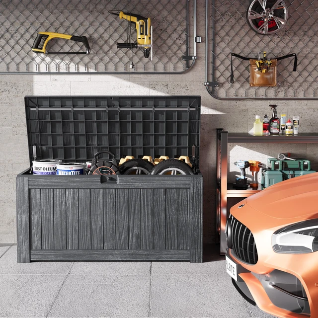 Alt view image 5 of 7 - Outdoor Storage Box 120 Gallon Storage Bin with Lid for Patio Furniture, Garden Tools, Pool Supplies, Lockable, Waterproof and UV Resistant, Gray