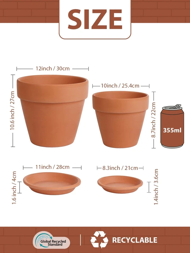 Alt view image 2 of 7 - Terracotta Pot with Saucer 10&12 Inch - Ceramic Clay Pot for Plants with Drainage Hole, Large Terra Cotta Flower Planter with Tray for Indoor Outdoor Plants