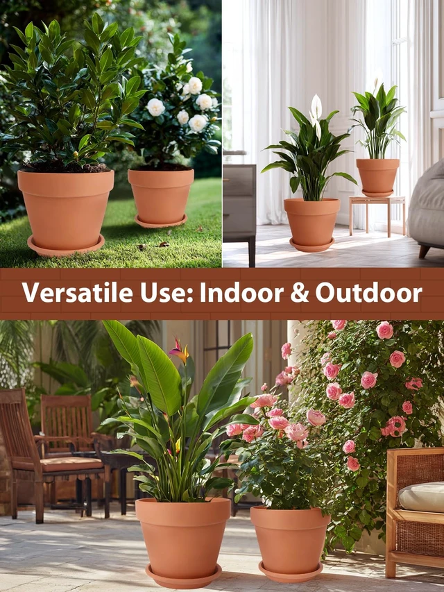 Alt view image 6 of 7 - Terracotta Pot with Saucer 10&12 Inch - Ceramic Clay Pot for Plants with Drainage Hole, Large Terra Cotta Flower Planter with Tray for Indoor Outdoor Plants
