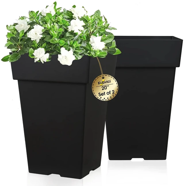 Main image of 20 Inch Tall Planters for Outdoor Indoor Plants, Set of 2 Large Plastic Plant Pots Flower Pot Outdoor Planter for Front Porch Door Balcony Deck with Drainage, with Removable Wheel, Black 20"