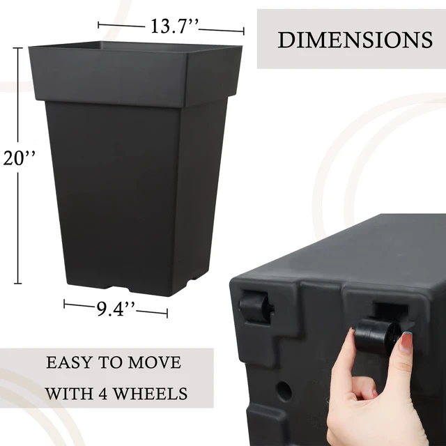 Alt view image 3 of 7 - 20 Inch Tall Planters for Outdoor Indoor Plants, Set of 2 Large Plastic Plant Pots Flower Pot Outdoor Planter for Front Porch Door Balcony Deck with Drainage, with Removable Wheel, Black 20"