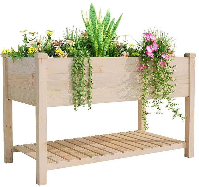 Main image of Outdoor Wood Raised Garden Bed, Elevated Reinforced Large Planter Box with Storage Shelf for Vegetable Flower Backyard Patio Gardening Balcony (48L, Natural Wood)