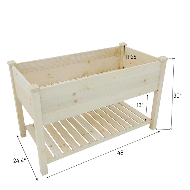 Alt view image 2 of 7 - Outdoor Wood Raised Garden Bed, Elevated Reinforced Large Planter Box with Storage Shelf for Vegetable Flower Backyard Patio Gardening Balcony (48L, Natural Wood)