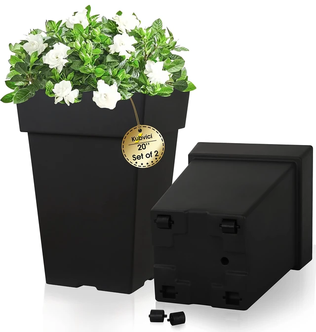 Alt view image 7 of 7 - 20 Inch Tall Planters for Outdoor Indoor Plants, Set of 2 Large Plastic Plant Pots Flower Pot Outdoor Planter for Front Porch Door Balcony Deck with Drainage, with Removable Wheel, Black 20"