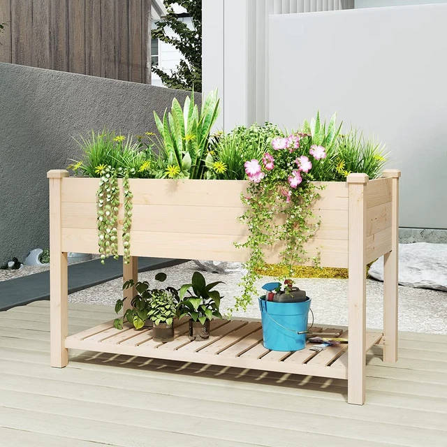 Alt view image 7 of 7 - Outdoor Wood Raised Garden Bed, Elevated Reinforced Large Planter Box with Storage Shelf for Vegetable Flower Backyard Patio Gardening Balcony (48L, Natural Wood)