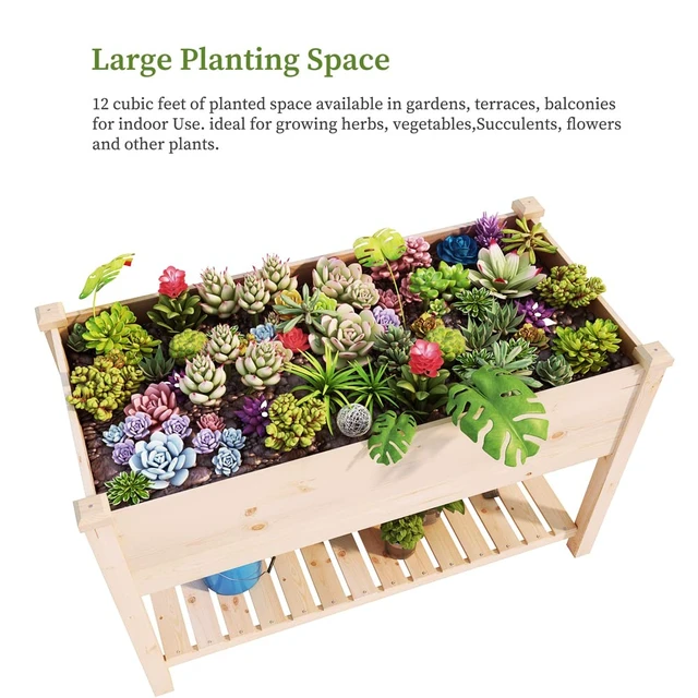 Alt view image 6 of 7 - Outdoor Wood Raised Garden Bed, Elevated Reinforced Large Planter Box with Storage Shelf for Vegetable Flower Backyard Patio Gardening Balcony (48L, Natural Wood)
