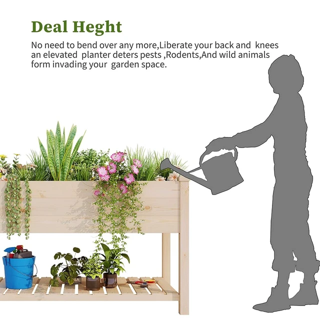 Alt view image 3 of 7 - Outdoor Wood Raised Garden Bed, Elevated Reinforced Large Planter Box with Storage Shelf for Vegetable Flower Backyard Patio Gardening Balcony (48L, Natural Wood)