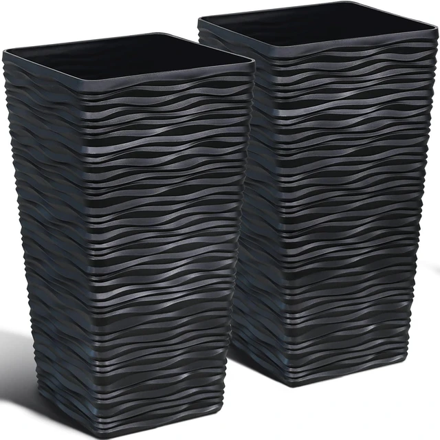 Main image of Garden 2-Pack Black Tall Planter - Plastic Square Tapered Tree Plant Pots with Drainage Hole for Indoor Outdoor - 22" H Modern Wavy Finish Decorative Flower Pots for Front Porch Patio Deck