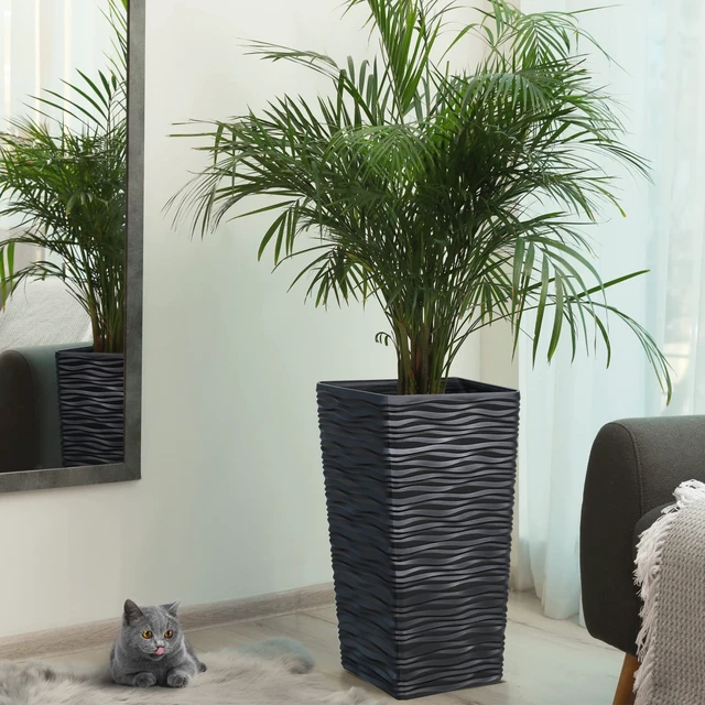 Alt view image 2 of 6 - Garden 2-Pack Black Tall Planter - Plastic Square Tapered Tree Plant Pots with Drainage Hole for Indoor Outdoor - 22" H Modern Wavy Finish Decorative Flower Pots for Front Porch Patio Deck