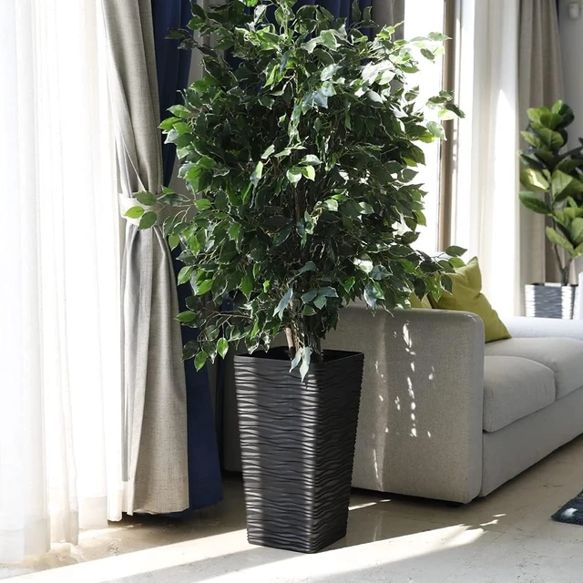Alt view image 4 of 6 - Garden 2-Pack Black Tall Planter - Plastic Square Tapered Tree Plant Pots with Drainage Hole for Indoor Outdoor - 22" H Modern Wavy Finish Decorative Flower Pots for Front Porch Patio Deck