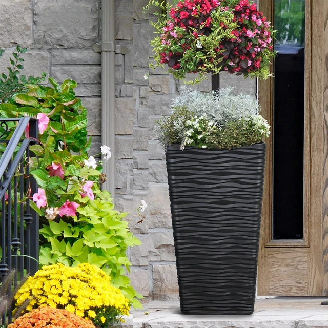 Alt view image 5 of 6 - Garden 2-Pack Black Tall Planter - Plastic Square Tapered Tree Plant Pots with Drainage Hole for Indoor Outdoor - 22" H Modern Wavy Finish Decorative Flower Pots for Front Porch Patio Deck