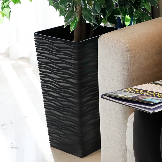 Alt view image 6 of 6 - Garden 2-Pack Black Tall Planter - Plastic Square Tapered Tree Plant Pots with Drainage Hole for Indoor Outdoor - 22" H Modern Wavy Finish Decorative Flower Pots for Front Porch Patio Deck