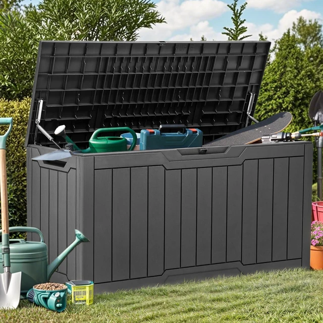 Main image of 80 Gallon Resin Deck Box | Weather Resistant Outdoor Storage Box, Lockable Indoor Outdoor Storage for Supplies and Essentials, Dark Gray